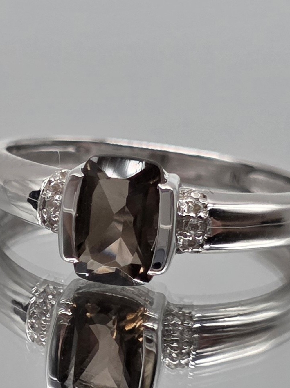 Solid Sterling Silver White Gold Smoky Quartz Ring SIZE 6.5